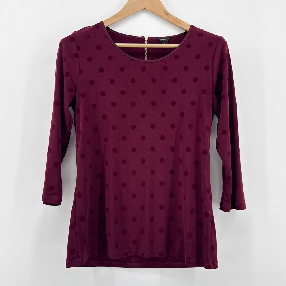 Ann Taylor Womens Medium Burgundy Velvet Polka Dot 3/4 Sleeve Blouse Back Zip